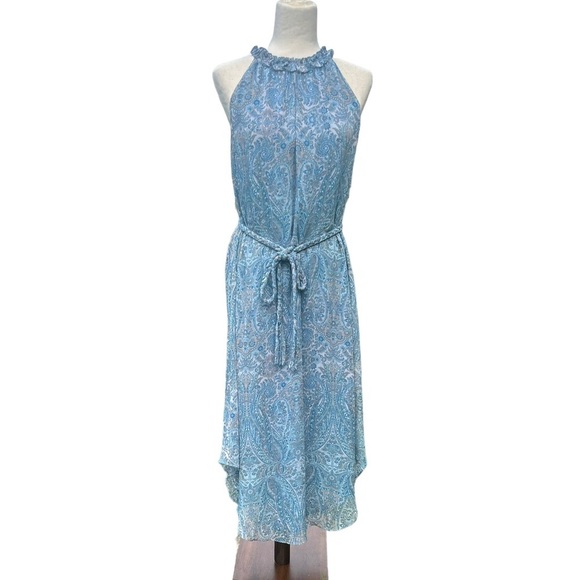Ramy Brook Paisley Jolie  Blue Asym Hem Ruffle Neck Keyhole Midi Dress Sz. Small - Picture 2 of 7